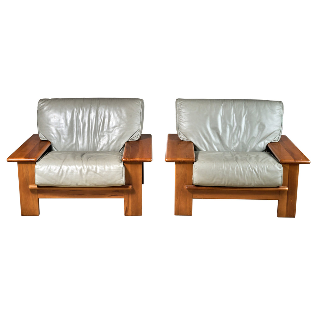 Pair of Swedish Leather and Wood Mid Century Chairs