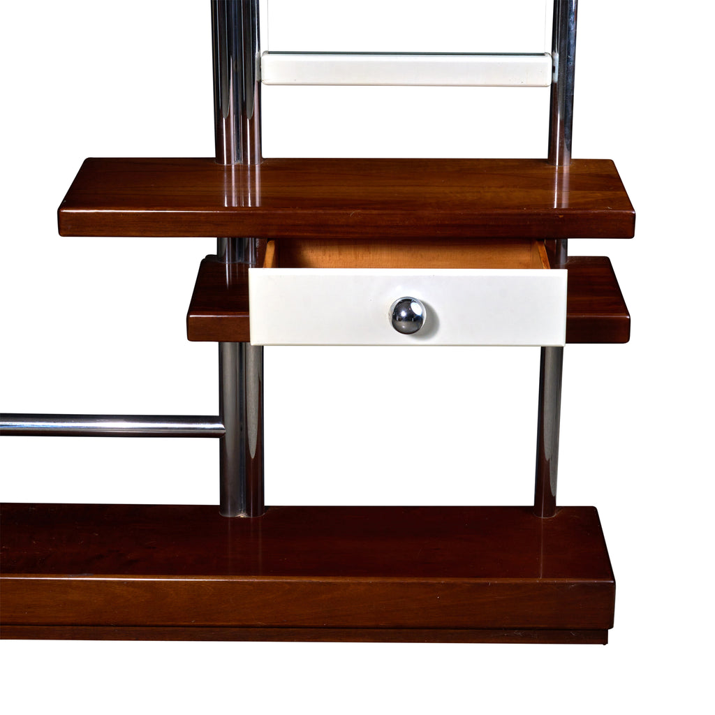 Italian Mid Century Chrome and Wood Dressing Stand with Mirror