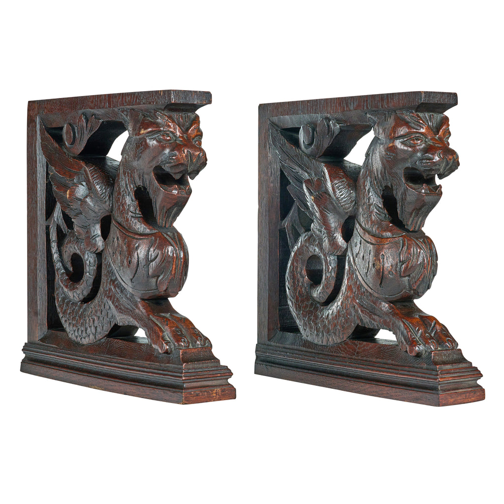 Pair of Carved Oak Griffin Brackets