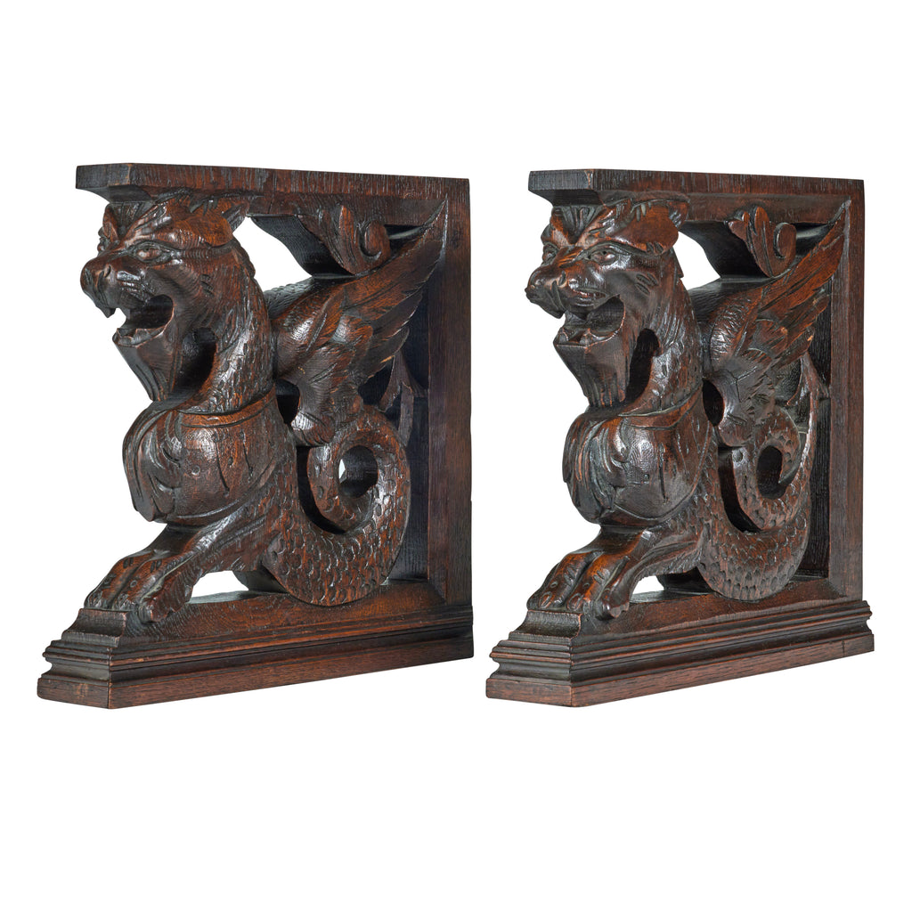 Pair of Carved Oak Griffin Brackets