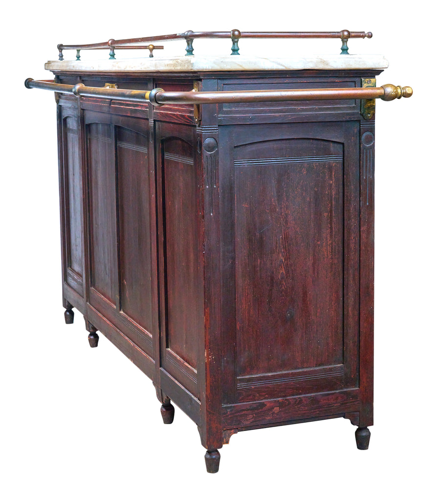 Italian Marble Top Cafe Bar with Brass Railings, Drawers and Storage
