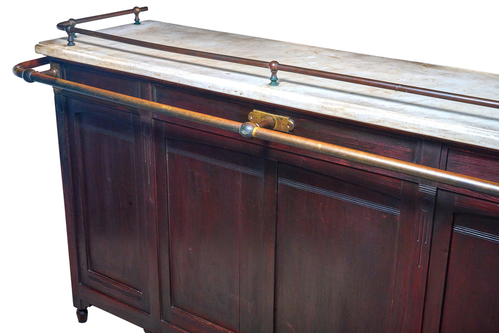 Italian Marble Top Cafe Bar with Brass Railings, Drawers and Storage